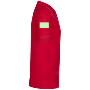A red MPS180 adult colour polo shirt with a patch on the sleeve. Features a logo on the front.