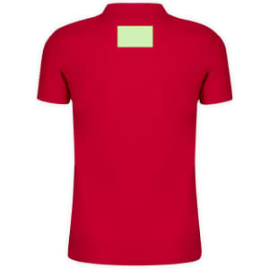 A red adult polo shirt with a green label area on the back. Features a logo on the front.