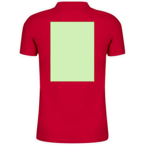 A red adult polo shirt featuring a blank space on the back, designed for custom printing.