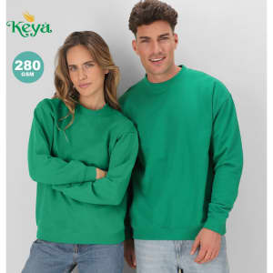 A green sweatshirt displayed on two models, featuring a round neckline and long sleeves. Includes a logo.