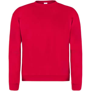 A red adult sweatshirt with long sleeves and a crew neckline, featuring a branding label.