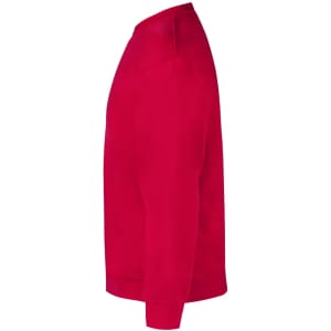 A red adult sweatshirt featuring a crew neck and long sleeves, with a logo on the front.
