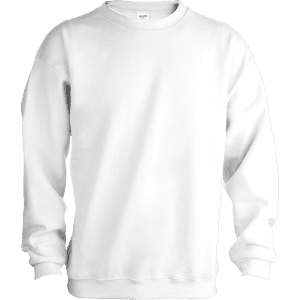 A white adult sweatshirt with long sleeves and a round neckline. It features a logo.
