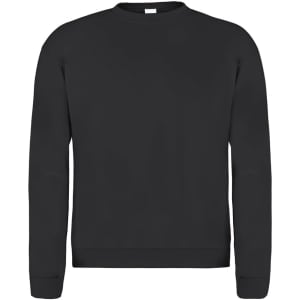 A black adult sweatshirt with long sleeves and a crew neck design. It features a simple style and has a logo.
