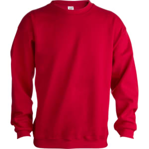 A red adult sweatshirt featuring long sleeves and a crew neckline. It has a logo on the front.