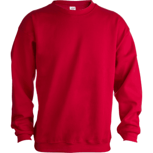 A red adult sweatshirt with long sleeves, featuring a simple design and a label inside the collar.