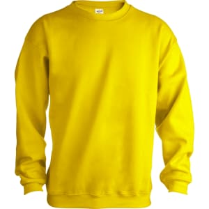 A bright yellow adult sweatshirt with a crew neck and long sleeves, featuring a logo.