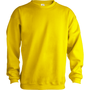 A bright yellow adult sweatshirt with a crew neck and long sleeves. It features a logo on the front.