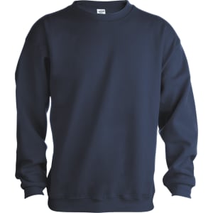 A navy blue adult sweatshirt with long sleeves and a round neckline. It features a logo.