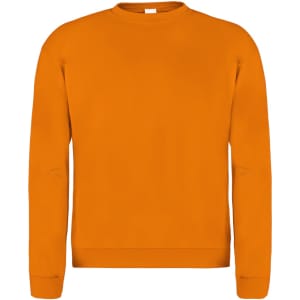 An orange adult sweatshirt with long sleeves, featuring a ribbed neckline and cuffs. It has a logo on it.