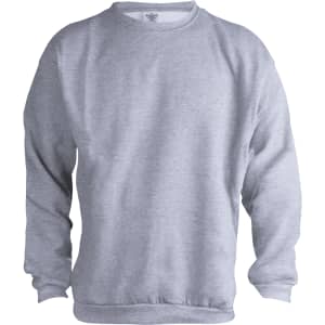 A grey adult sweatshirt with a classic crew neck and long sleeves, featuring a logo on it.