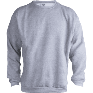 A grey adult sweatshirt featuring a crew neck and ribbed cuffs, with a logo present.