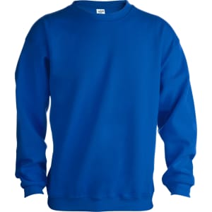 A blue adult sweatshirt featuring a round neck and long sleeves, with a logo on the front.