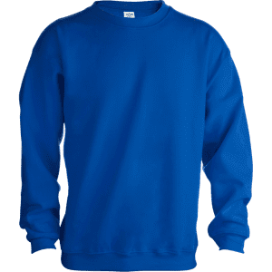 A blue adult sweatshirt without any visible logos or branding, featuring a classic crew neck design.