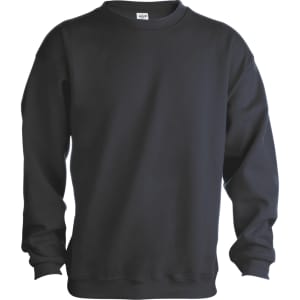 A black adult sweatshirt featuring long sleeves and a crew neckline. It includes a logo on the label.