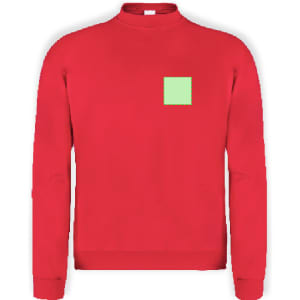 A red adult sweatshirt with a green square design on the front and a crew neck style. It has a logo.