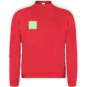 A red sweatshirt featuring a small green square patch on the front and a classic crew neck design.