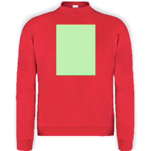 A red sweatshirt with a blank green square on the front. Features a logo on the collar.