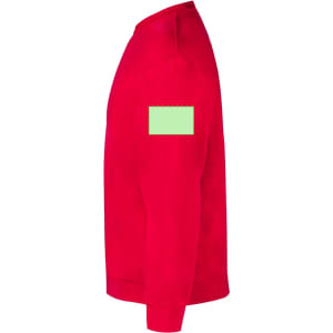 A red adult sweatshirt featuring a green patch on the sleeve, categorised as a jumper.