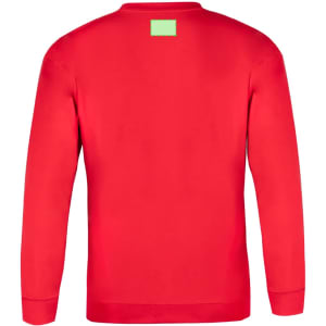A bright red adult sweatshirt featuring a plain back and a small logo patch at the neck.