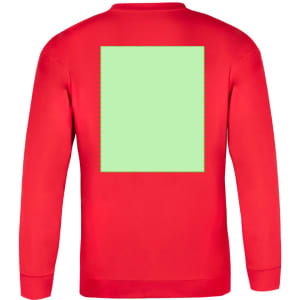 A red adult sweatshirt featuring a plain green rectangular area on the back and a logo.