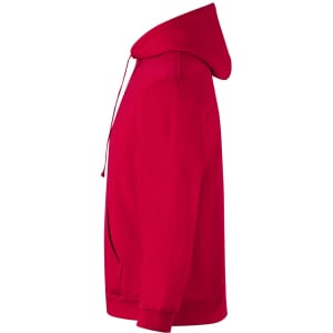 A red adult hooded sweatshirt with a zip pocket and drawstring hood, displayed from the side.