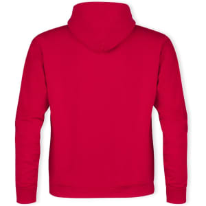 A red adult hooded sweatshirt featuring a hood and long sleeves, with a plain back design.