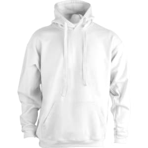 A white adult hooded sweatshirt with a front pocket and a logo, featuring long sleeves and a drawstring hood.