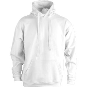 A white hooded sweatshirt with a front pocket and a branded label. Suitable for casual wear.