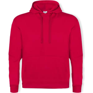 A red adult hooded sweatshirt with a front pocket and drawstrings. It features a logo on the chest.