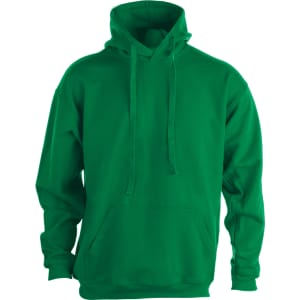 A green adult hooded sweatshirt with a kangaroo pocket and a hood. It features a logo.