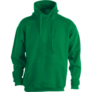 A green adult hooded sweatshirt with a front pocket and a hood. It features a logo.