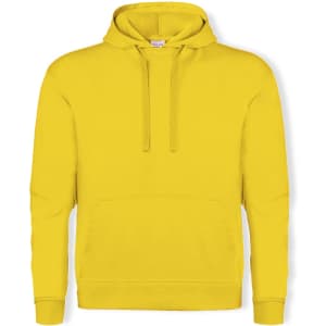 A bright yellow hooded sweatshirt with a kangaroo pocket and an attached hood. Features branding on the label.