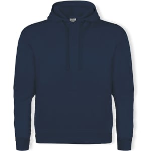 A navy blue adult hooded sweatshirt with a front pocket and a drawstring hood. It features a logo.