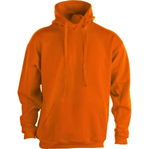 An orange adult hooded sweatshirt with a front pocket and a drawstring hood. Features a logo.