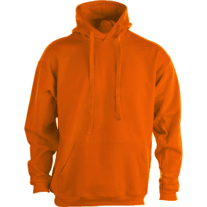 An orange adult hooded sweatshirt with a front pocket and a drawstring hood. It features a logo.