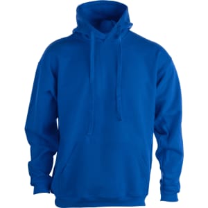 A blue adult hooded sweatshirt featuring a front pocket and a logo.