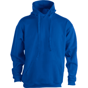 A blue adult hooded sweatshirt with a front pocket and drawstrings, featuring a logo.