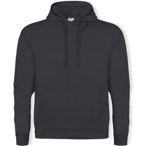 A dark grey adult hooded sweatshirt with a front pouch pocket and a drawstring hood. It features a logo.