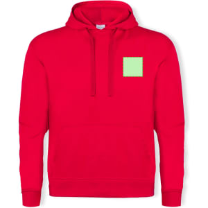 A red adult hooded sweatshirt featuring a square patch and a front pocket.