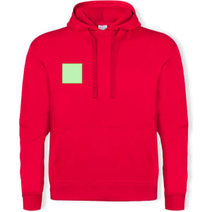 A red adult hooded sweatshirt featuring a kangaroo pocket and a blank square on the front. Includes a logo.