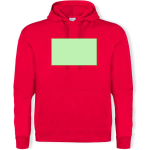 A red adult hooded sweatshirt with a front pocket and a blank rectangular area for design. It features a branding logo.