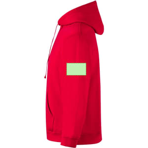 A red adult hooded sweatshirt with a green patch on the sleeve and a front pocket.