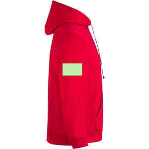 A red hooded sweatshirt with a green patch on the sleeve, featuring a front pocket and drawstring hood.
