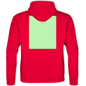 A red adult hooded sweatshirt with a blank green rectangle on the back and a hood. Features a logo.