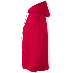 A red adult hooded sweatshirt with a zipper, featuring a spacious hood and a pocket. It has a logo on it.