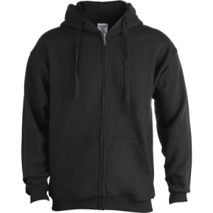 A black adult hooded sweatshirt with a zipper and front pockets. It features a logo on the garment.