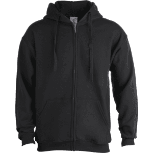 A black hooded sweatshirt with a front zipper and pockets, featuring a logo on the label.