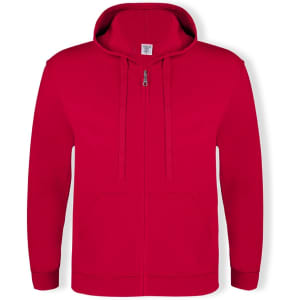A red hooded sweatshirt with a zipper, featuring a front pocket and a logo on the fabric.