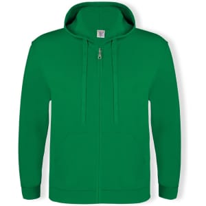 A green hooded sweatshirt with a zipper, featuring a front pocket and a casual design. It includes a logo.